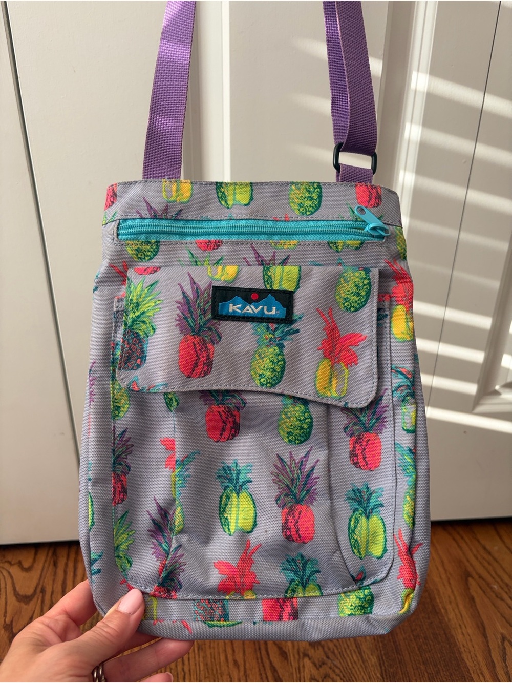 KAVU Pineapple Print Crossbody Bag in Lavender with Multicolor Pineapples